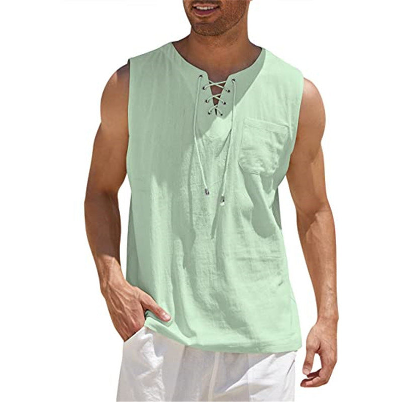 New Men's Sleeveless Shirt Lace-Up Cotton And Linen Short Sleeve T-Shirt